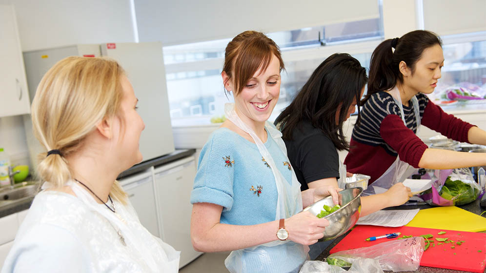 Students working in the food-handling laboratory